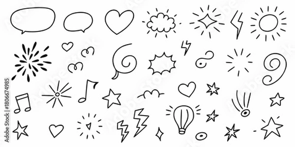 Obraz Hand drawn doodle elements and symbols including speech bubbles hearts stars and more on white
