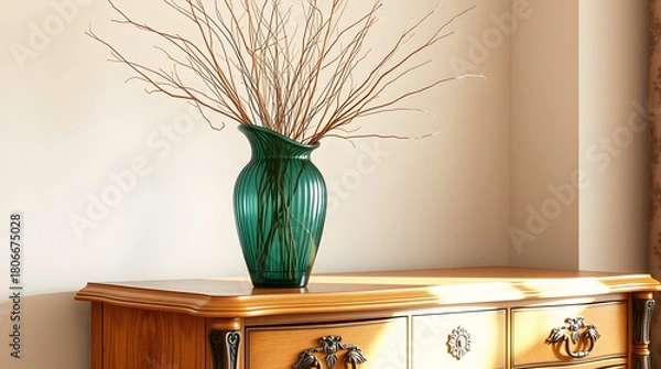 Fototapeta A stunning transparent green glass vase with an elegant curved shape and subtle ridges, filled with an arrangement of delicate dried branches in varying shades of beige and brown