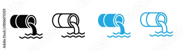 Fototapeta Versatile icons show liquid draining from pipes into water, perfect for concepts of flow, drainage, and environmental themes. Clean, modern design.