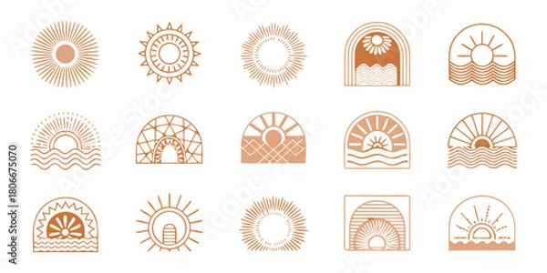 Obraz Set of boho sun and nature inspired logos and design elements on white background