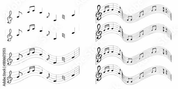 Obraz Musical notes and treble clefs arranged on staves creating a visual music concept