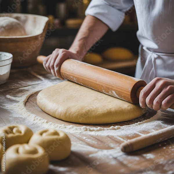 Fototapeta A bustling baker's table where work is in full swing, with a thick layer of white flour scattered across its wooden surface, a long wooden rolling pin laying on top of a large mound of unset dough
