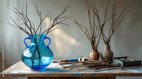Fototapeta A stunning translucent blue glass vase with delicate handles and a rounded body sits atop a rustic wooden craft table, its surface worn from frequent use, surrounded by an assortment of art supplies