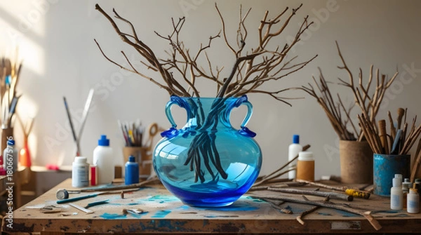Fototapeta A stunning translucent blue glass vase with delicate handles and a rounded body sits atop a rustic wooden craft table, its surface worn from frequent use, surrounded by an assortment of art supplies