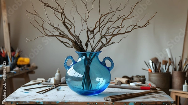 Fototapeta A stunning translucent blue glass vase with delicate handles and a rounded body sits atop a rustic wooden craft table, its surface worn from frequent use, surrounded by an assortment of art supplies