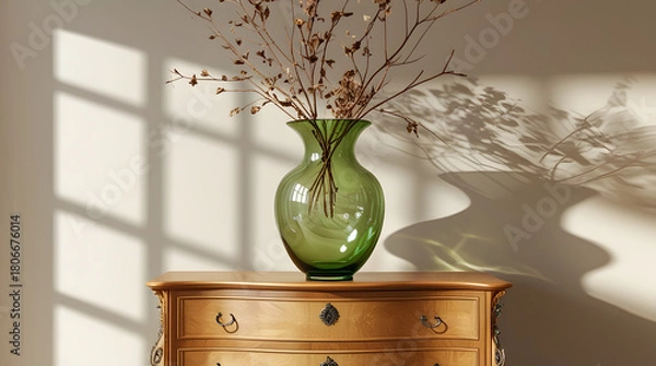 Fototapeta A stunning transparent green glass vase with an elegant curved shape and subtle ridges, filled with an arrangement of delicate dried branches in varying shades of beige and brown