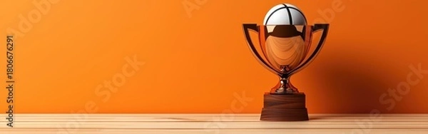 Fototapeta A gleaming trophy displayed on a wooden surface against a vibrant orange backdrop.