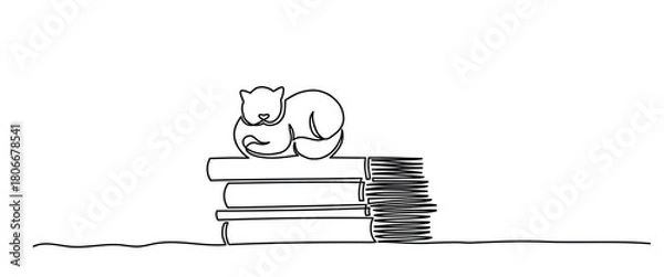 Obraz Cute Sleeping Cat on Stack of Books Minimalist One Line Art Illustration