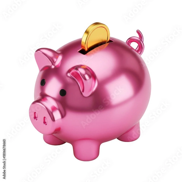 Fototapeta Pink piggy bank with a coin inside. isolated illustration on  transparent background PNG