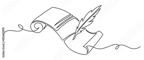 Obraz Old scroll and feather pen in minimalist continuous line art illustration