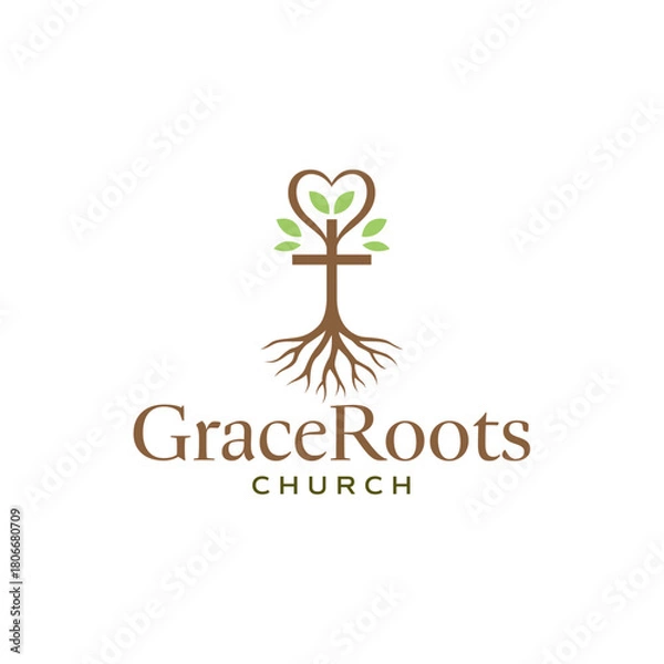 Obraz Symbolic rooted cross forming a tree with leaves and a heart shape, representing growth, care, and spiritual connection in a clean modern logo style. Editable Vector File
