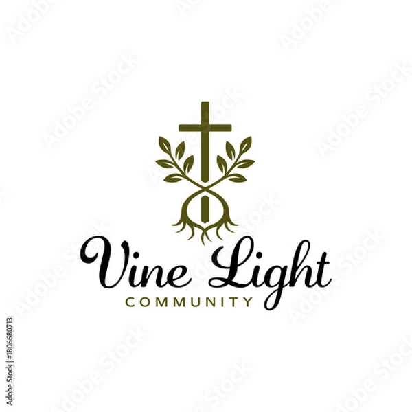 Obraz Symbolic vine and cross emblem forming roots and leaves in an elegant, meaningful logo style suitable for community or spiritual branding. Editable Vector File
