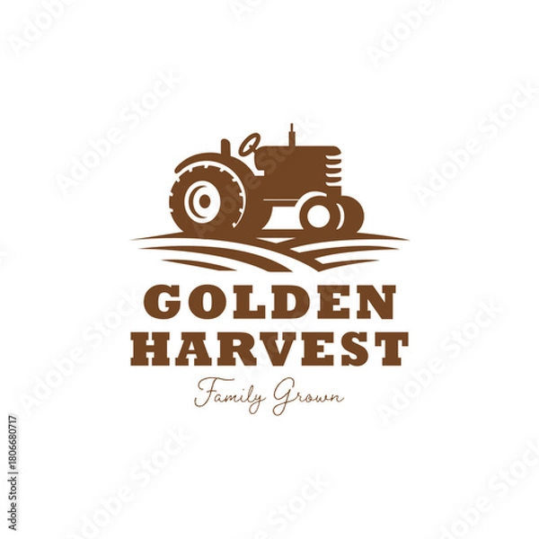 Obraz Rustic tractor illustration over farmland rows in a classic harvest-themed logo, ideal for agriculture, farming, and organic product branding. Editable Vector File
