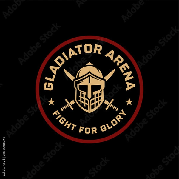 Obraz Bold gladiator helmet emblem with crossed swords in a circular badge design, ideal for sports, gaming, combat themes, or competitive team branding. Editable Vector File
