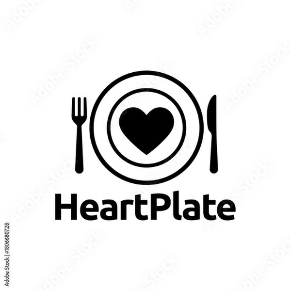 Obraz Minimal heart symbol inside a plate with fork and knife, creating a clean food and wellness themed logo suitable for restaurants, nutrition, or catering brands. Editable Vector File
