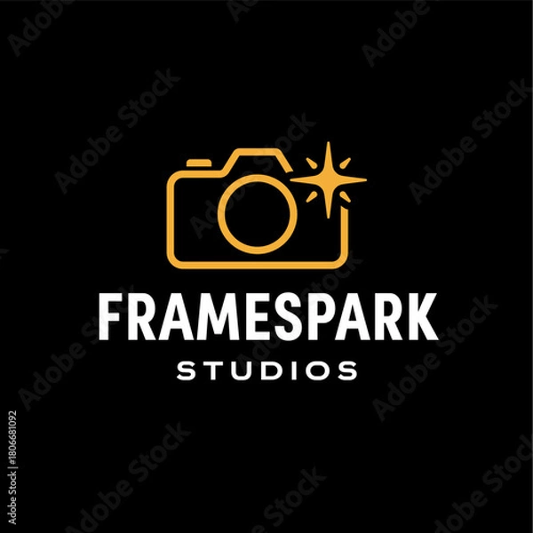 Obraz Minimal camera outline with a sparkling flash icon, creating a modern photography and studio branding logo suitable for creative media and visual arts. Editable Vector File
