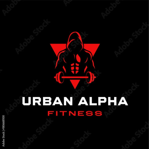 Obraz Powerful hooded figure lifting a barbell in a bold red gym emblem, perfect for fitness clubs, bodybuilding brands, training programs, and athletic branding. Editable Vector File

