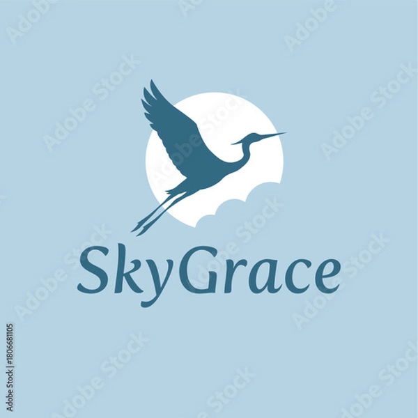 Obraz Graceful bird silhouette soaring across a bright moon with soft clouds, creating an elegant and peaceful sky-themed logo ideal for wellness, nature, or creative brands. Editable Vector File
