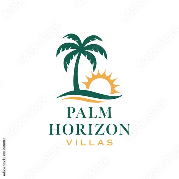 Obraz Tropical palm tree with rising sun over gentle waves in a clean villa and resort themed logo, ideal for travel, hospitality, and coastal branding. Editable Vector File
