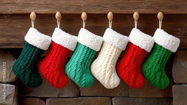 Fototapeta Christmas stocking props hanging on wooden hooks above stone fireplace creating festive holiday decoration