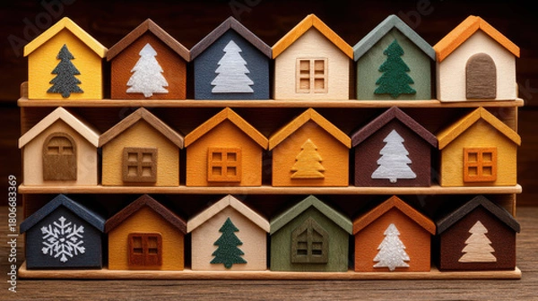Fototapeta Wooden Christmas props in colorful small house shapes with tree and snowflake decorations arranged on shelves for festive decor