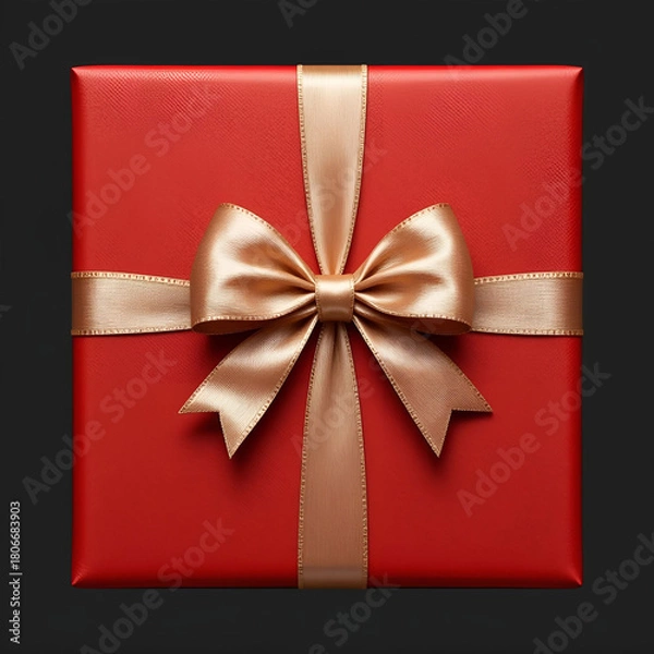 Obraz Red gift box tied with smooth silk ribbon bow, crisp edges.