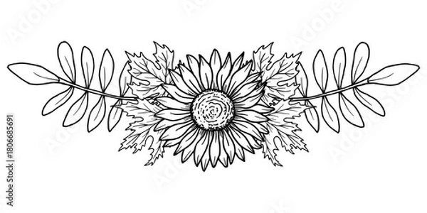 Fototapeta Sunflower flower with maple leaves. Autumn banner and frame. Botanical vector art. Black graphic illustration, hand-drawn using line art. Suitable for logos, tattoo sketches, seasonal projects