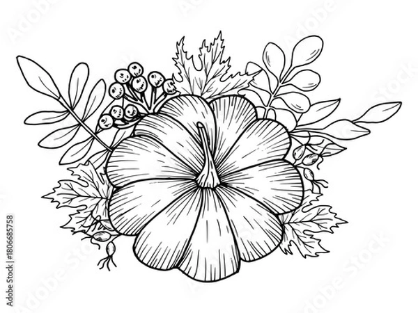 Fototapeta Pumpkin with maple leaves, rowan berries and rose hips. Hand-drawn botanical vector illustration. Black line art. Autumn garden composition for seasonal holidays, festivals and Thanksgiving