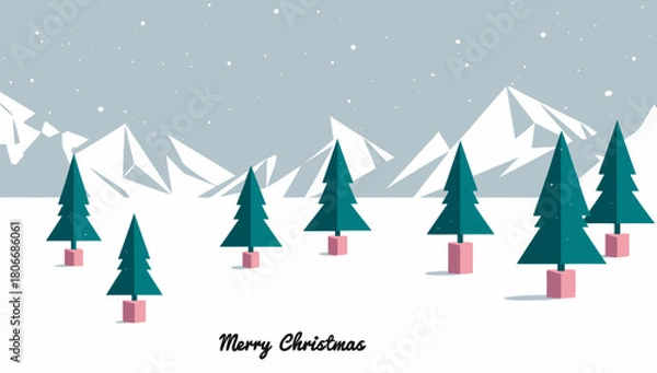 Obraz Winter landscape with evergreen trees and gift boxes under a snowy mountain range for festive holidays