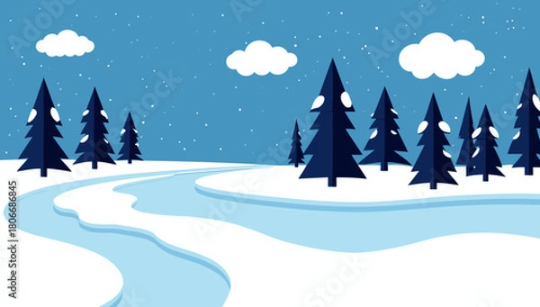 Obraz A beautiful winter landscape with a winding river flowing through snow-covered forest and fluffy white clouds in the clear blue sky