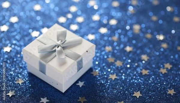 Obraz Festive gift presentation holiday celebration photography sparkling blue background close-up view joy and anticipation in every detail