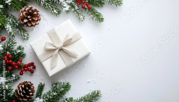 Fototapeta Festive gift presentation with holiday decor winter wonderland still life arrangement cozy atmosphere overhead view celebratory spirit