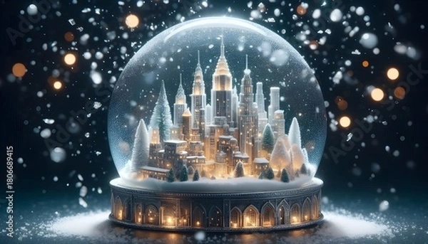 Fototapeta Snow globe with winter city landscape. AI Generated, Generative AI