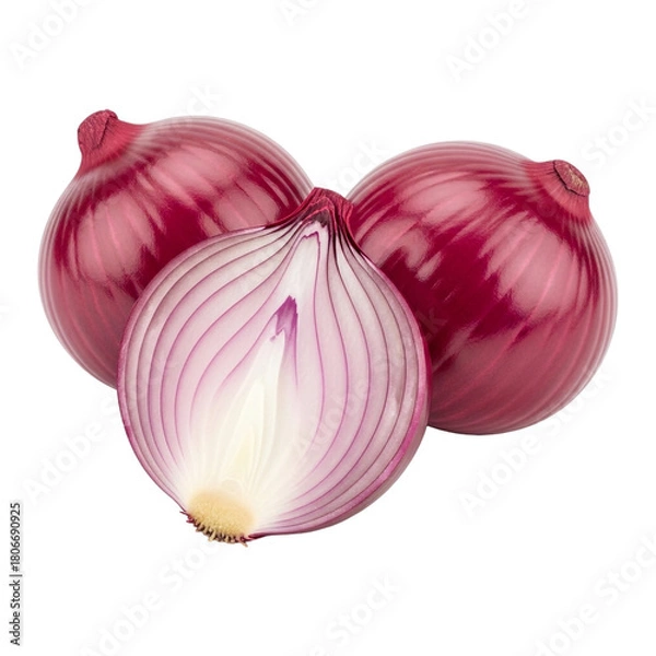 Fototapeta Red onion bulbs whole and halved fresh vegetable ingredient cooking food photography isolated on transparent background