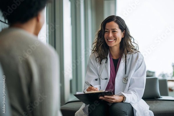 Obraz Smiling doctor talking with patient and taking notes during consultation