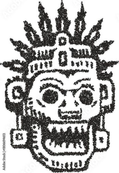 Fototapeta Ancient Aztec or Mayan tribal death mask with skull face, created with a unique stipple vector effect. Historical and cultural illustration for themes of ritual and mythology.
