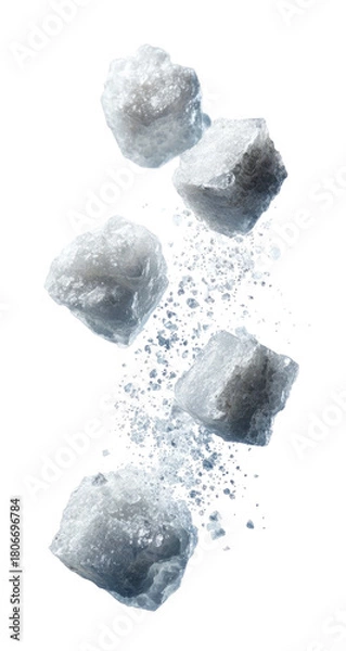 Obraz Falling sugar cubes scatter, showing textured crystal facets on black