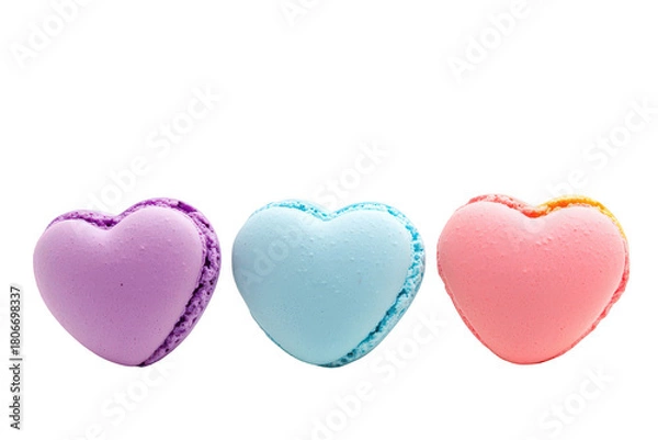 Obraz Three colorful heart-shaped macarons arranged in a row. pastel colors of purple. blue. and pink against a clean white background. ideal for dessert-themed projects or celebrations