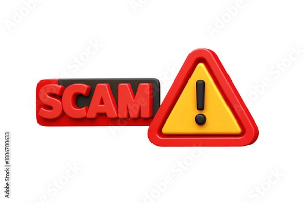 Fototapeta 3D Red SCAM Text with Yellow Warning Triangle Isolated on Transparent Background Illustrating Fraud Alert and Cyber Danger