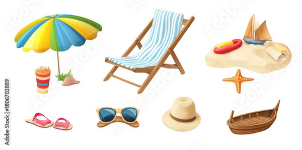 Fototapeta A beach scene featuring a colorful umbrella. a wooden deck chair. a sandy area with a small boat. a starfish. sunglasses. a sun hat. and a refreshing drink. perfect for summer-themed designs
