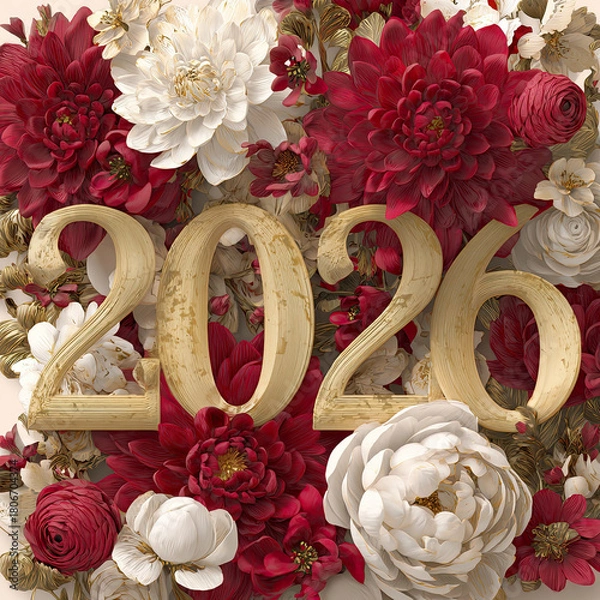 Fototapeta Elegant floral illustration featuring the number 2026 with rich red and gold tones celebrating the lunar new year and the year of the horse