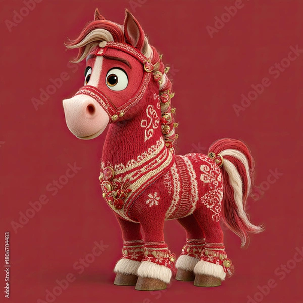 Fototapeta Festive and cheerful horse in red attire celebrating Chinese New Year with vibrant energy in the year of the horse