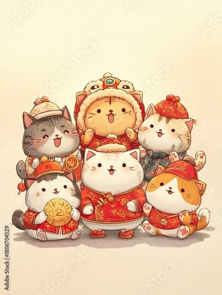 Fototapeta Joyful cartoon cats celebrate Chinese New Year 2026 in sweet, adorable style with a lion dance-rat mascot and festive outfits