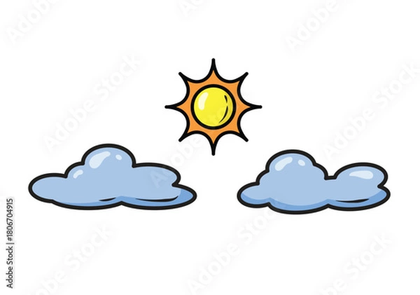 Obraz Cartoon Sun and Clouds Icon with Glossy Highlights. Simple Weather Forecast Graphic Element Vector. Bright Day Clipart for Kids Design.