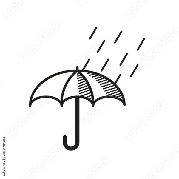 Obraz Minimalist Umbrella with Rain Outline Vector Icon. Hand Drawn Sketch Style Weather Clipart. Protection and Insurance Concept Line Art.