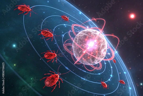 Fototapeta Red nanobots with energy crystal