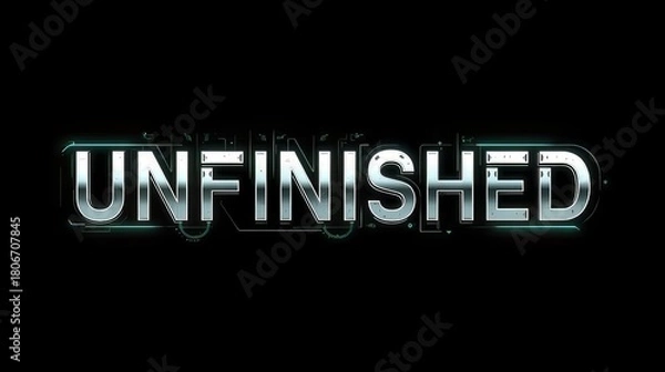 Fototapeta The word unfinished in a metallic glowing font on a black background