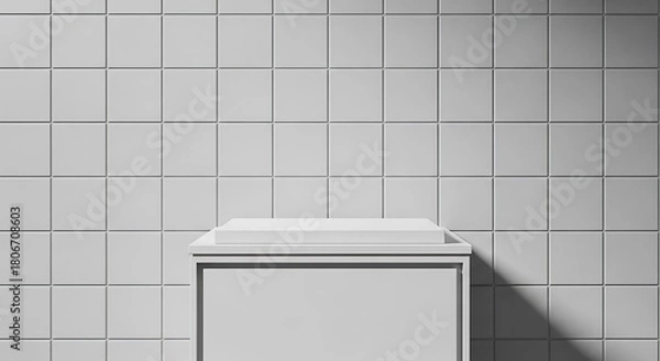 Fototapeta White podium on a wall background with ceramic tiles. A place to present your product.