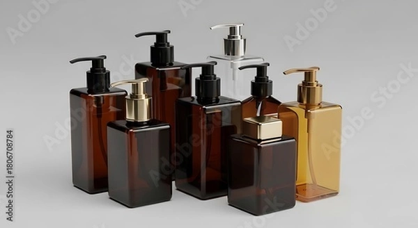 Fototapeta Square Pump bottles mockup, cubic shape liquid dispenser bottles, elegant plastic body wash packagings, amber plastic lotion container, amber glass cosmetic dispenser, dark brown bottle mockup