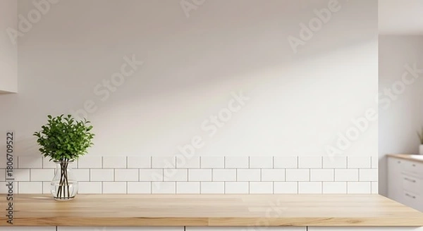 Fototapeta 3d rendering. Elegant Muted tones with copy space. Minimal cozy counter mockup design for product presentation background. Bright wood counter and white tile. glass vase plant pot. Kitchen interior